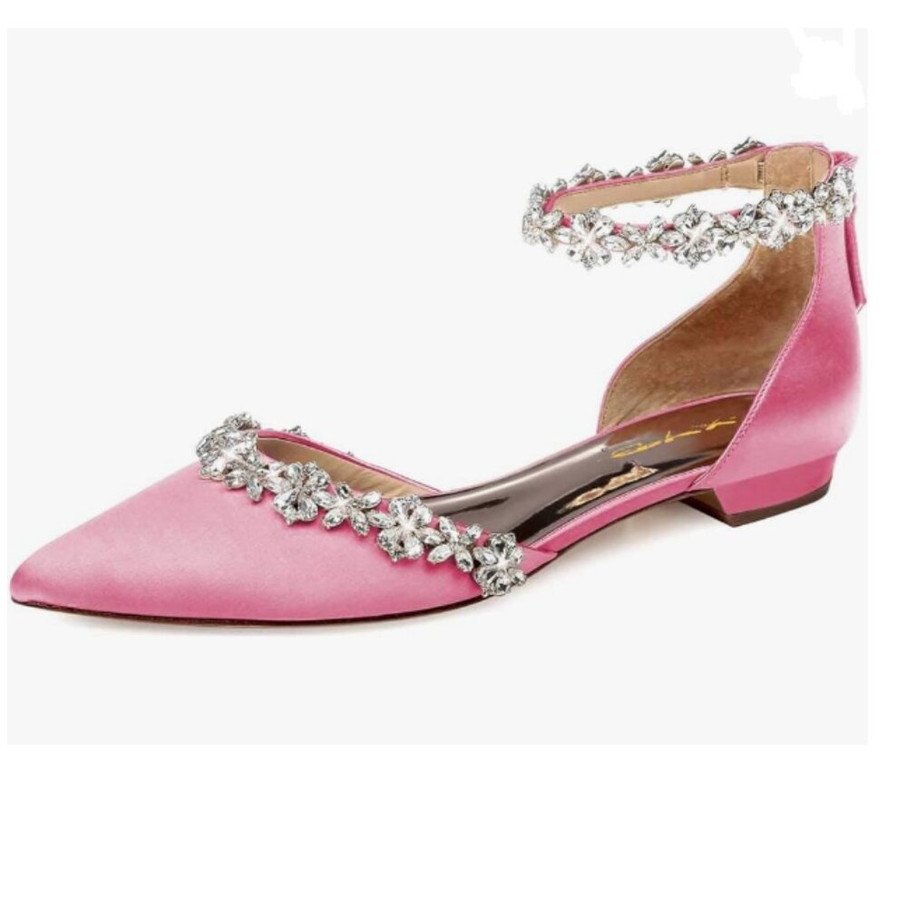 XYD Pink Pointed Toe D'Orsay Wedding Sandal Sparkly Rhinestones Ankle Strap Shoe
